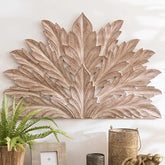 Hand Carved Big Palm Leaf King Size Bed Headboard Bed Head Whitewash